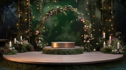 Empty product podium with emerald circular velvet set against wildflower meadow with fairy lights around - obrazy, fototapety, plakaty