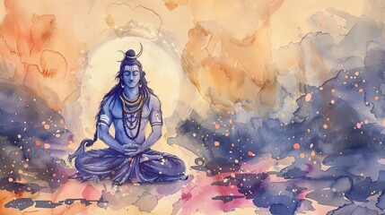 Watercolor Illustration of Maha Shivratri Greeting Card with Lord Shiva Meditating