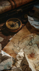 Fototapeta premium Vintage style map with ancient landmarks and travel symbols, an old compass on the table beside it, and crumpled papers symbolizing lost maps or documents in front of them, creating an atmosphere fill