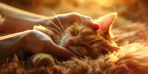 My beautiful cat purrs and sleeps on my sheepskin rug - hands stroking petting a sleepy ginger cat with its paws holding onto its owner wanting more love surrounded by warm golden light - 765987126