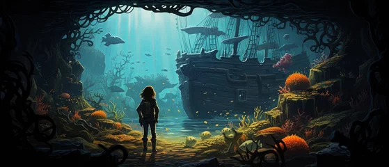 Wandcirkels Piraten 2D cartoon illustration a mermaid exploring a sunken pirate ship  © Paphawin