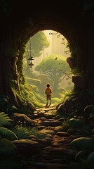 2D cartoon illustration a gardener discovering a hidden portal in an ancient forest