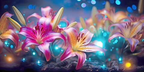 Ethereal neon lilies with bokeh and magical lighting ideal for a spiritual theme
- 765987143