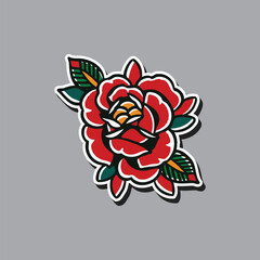 Old tattooing school rose isolated vector illustration.