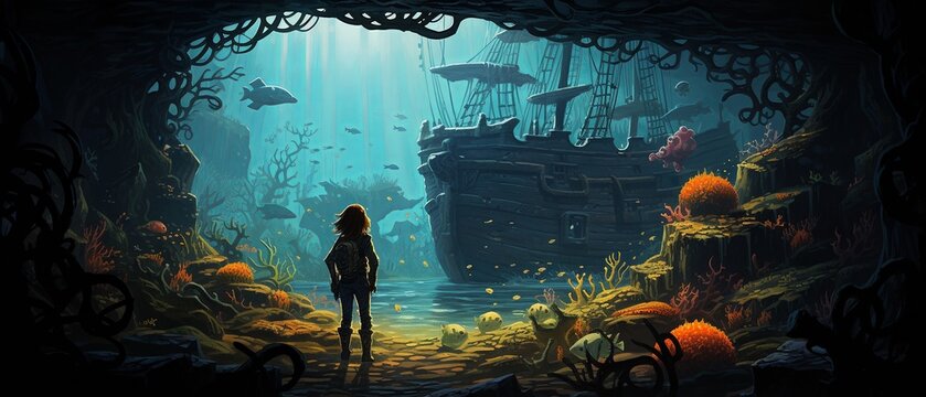 2D cartoon illustration a mermaid exploring a sunken pirate ship