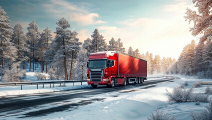 Red truck on a snowy road in winter with trees in the background. - obrazy, fototapety, plakaty