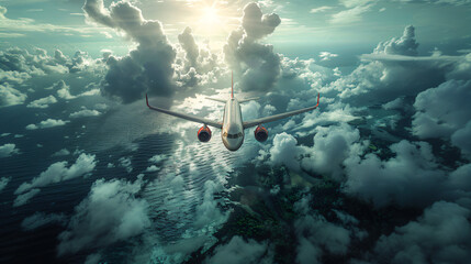 A plane flying through a cloudy sky over the ocean. Concept of vacations trip 