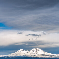 The Sisters mountains in the Oregon Cascades in Central Oregon during a winter storm