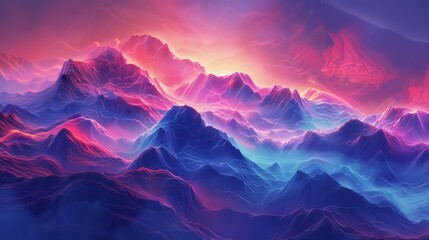 Colorful digital artwork of a mountain range bathed in neon colors, a fusion of natural forms with a futuristic, digital aesthetic.3d rendering