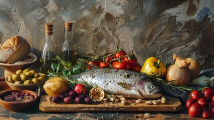 Nutritional food for heart health wellness by cholesterol diet and healthy nutrition eating with clean fruits, vegetables, fish and grains supporting heart arteries