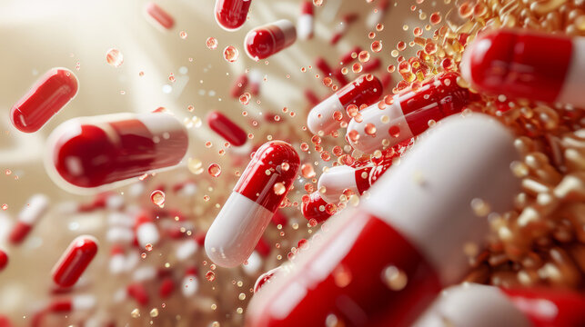 Many red white capsule pills flying on white background. Medical Pills falling 3D render