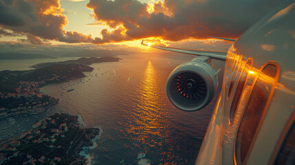 pov of an aircraft flying over the sea and land, view of the turbine and wing  - obrazy, fototapety, plakaty