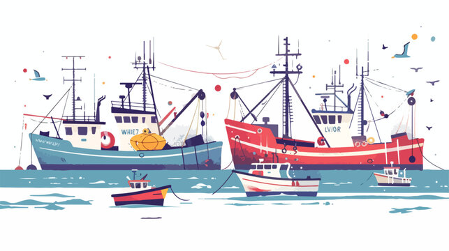 A bustling harbor with fishing trawlers