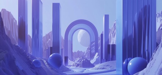 An abstract portrayal of a futuristic cityscape, dominated by blue tones and featuring geometric shapes, arches, and reflective spherical elements.