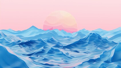 This artwork captures a peaceful scene with textured blue waves set against a soft pink sky, highlighting a serene, pastel-hued sun setting in the distance.