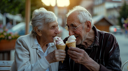 Elderly couple enjoys ice cream cones together, their faces glowing with happiness and satisfaction as they relish the creamy treats in a sunny cityscape - obrazy, fototapety, plakaty