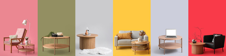 Collage of wooden tables with armchairs, couch and stylish decorations on color background