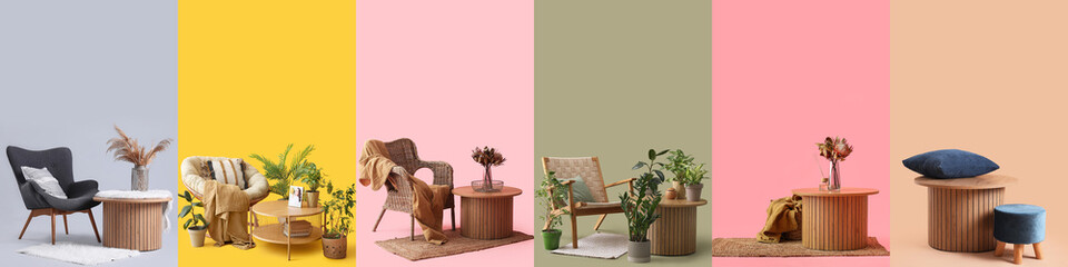 Collage of wooden tables with armchairs, pouf and stylish decorations on color background