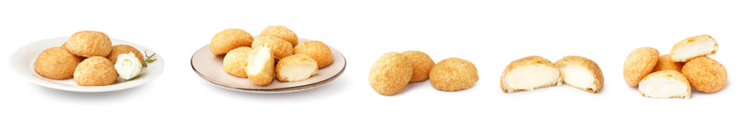 Collage of tasty choux pastry on white background