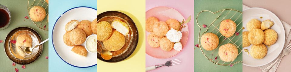 Collage of tasty choux pastry on color background, top view