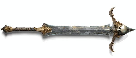 A fantasy long sword with a skull and gold - obrazy, fototapety, plakaty