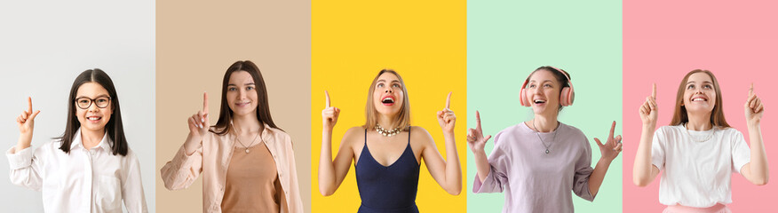 Collage of girls with raised index fingers on color background - obrazy, fototapety, plakaty