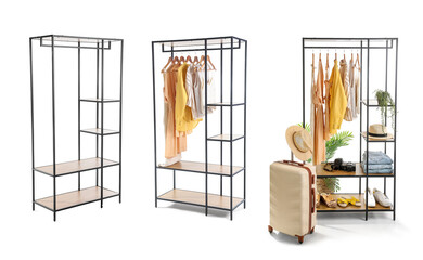 Set of modern shelving units with suitcase, hanging female clothes and accessories on white background