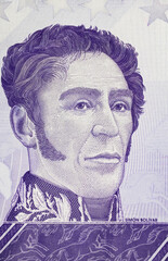 Portrait of Simon Bolivar on Venezuela Bolivar currency banknote (focus on center)