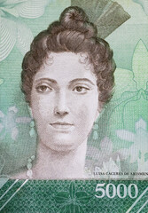Portrait of heroine of the Venezuelan War of Independence Luisa Caceres de Arismendion on 5000 Bolivar currency banknote (focus on center)