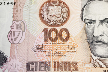 Portrait of president Ramon Castilla on  80s peruvian 100 Intis currency banknote (focus on center)