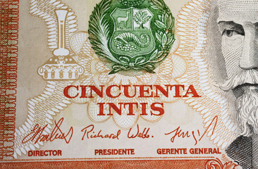 Closeup of 80s perivian 50 Intis currency banknote with coat of arms and portrait of  Nicolas de...