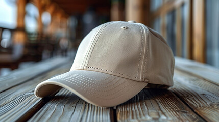 Beige baseball cap mockup with blurred background. - obrazy, fototapety, plakaty