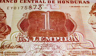 Closeup of one Honduras Lempira currency banknote (focus on center)