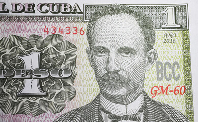 Portrait of Poet, writer, philosopher, nationalist leader Jose Marti on Cuba 1 Peso currency banknote (focus on center)