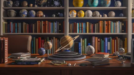 Fototapeten Desk with a Model of the Solar System and Astronomy Books © Nijam
