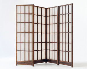 Room divider screen, with wooden doors and glass panels.