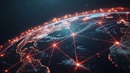 Obraz premium Connection lines around the Earth's surface, future technology backdrop with circles and lines. Internet, social media, travel, or logistical concepts