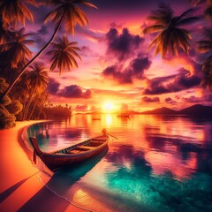 Tropical beach at sunset with palm trees and a fishing boat