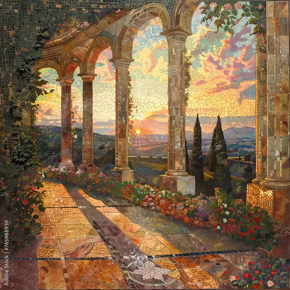 Poster a painting of a garden with flowers and arches