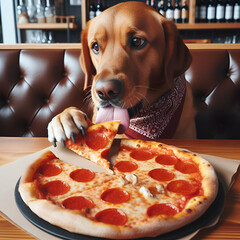Close-Up of a Dog Sitting at a Booth in a Restaurant Grabbing a Slice of Pizza from a Full Pie.