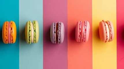 Tuinposter colorful macarons on a striped multicolor background © AndreaH