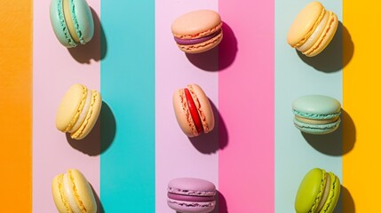 colorful macarons on a striped multicolor background