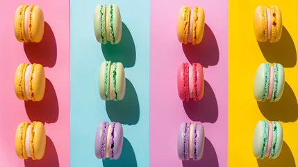 Fototapeten colorful macarons on a striped multicolor background © AndreaH