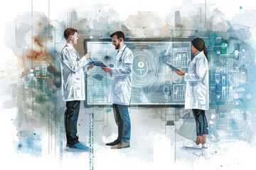 Watercolor painting of diverse group of doctors standing together in front of a large computer screen, discussing medical information and patient data