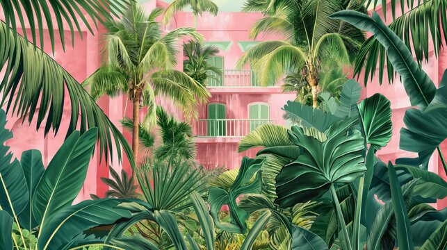 Illustration of a pink hotel surrounded by tropical plants and palm trees.