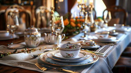 Festive Table Setting with Traditional Dishware and Cutlery - obrazy, fototapety, plakaty