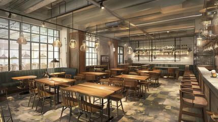 Fototapeta na wymiar A rendering showcasing the interior design of a contemporary restaurant with stylish furniture and lighting, creating an inviting and trendy ambiance