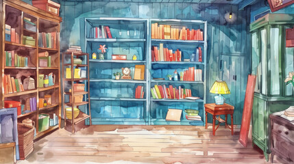 A watercolor painting depicting a room with floor-to-ceiling bookshelves filled with books and decorative items