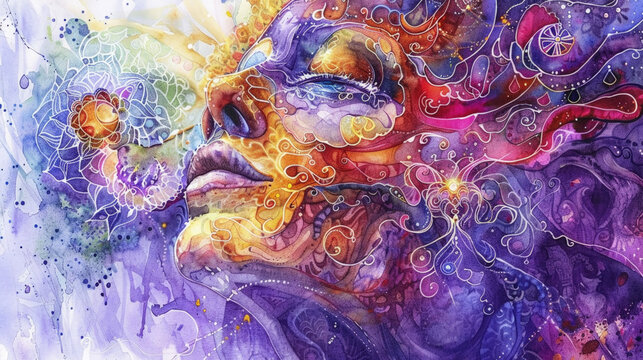 A vibrant abstract painting portrays a womans face amid swirls of bright colors and fancy shapes, suggesting creativity and dreaminess