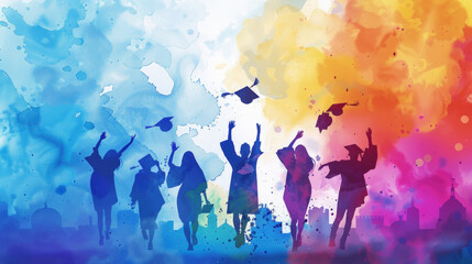 Silhouetted figures of graduates throwing their caps in the air, celebrating against a vibrant, multicolored watercolor backdrop